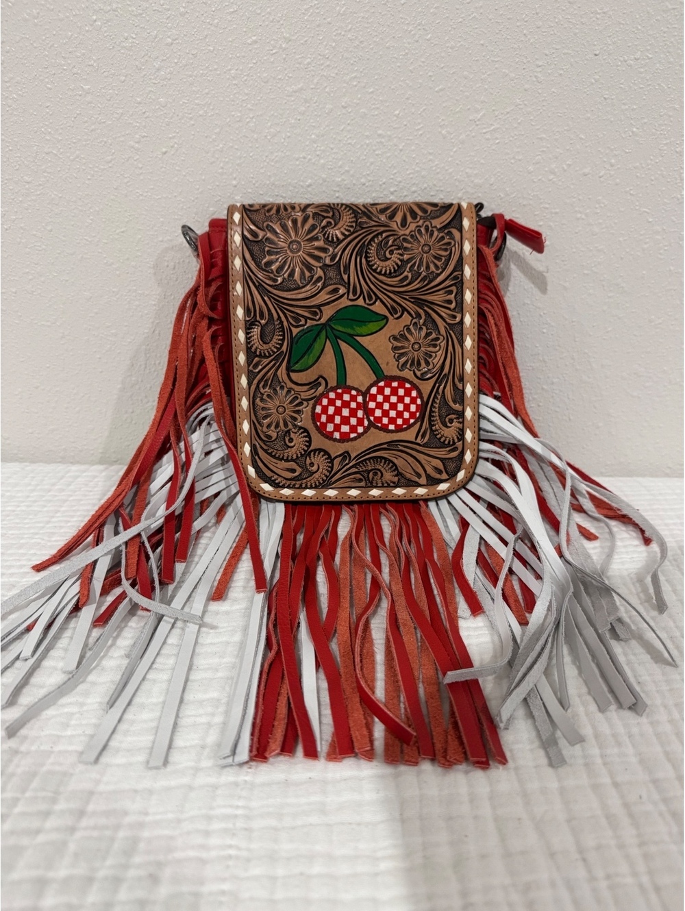 Western Red Fringe Crossbody Bag Tooled Floral Cherry Checker Purse